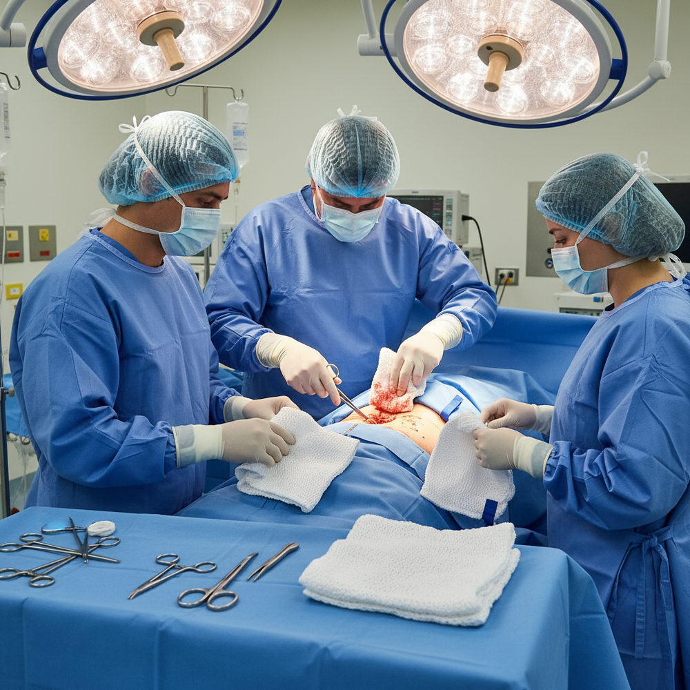 Surgical team using laparotomy sponges during procedure