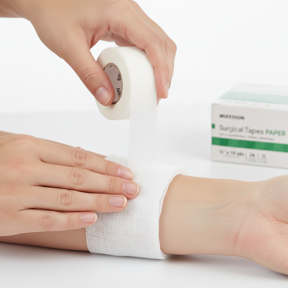 Tape being applied to secure wound dressing
