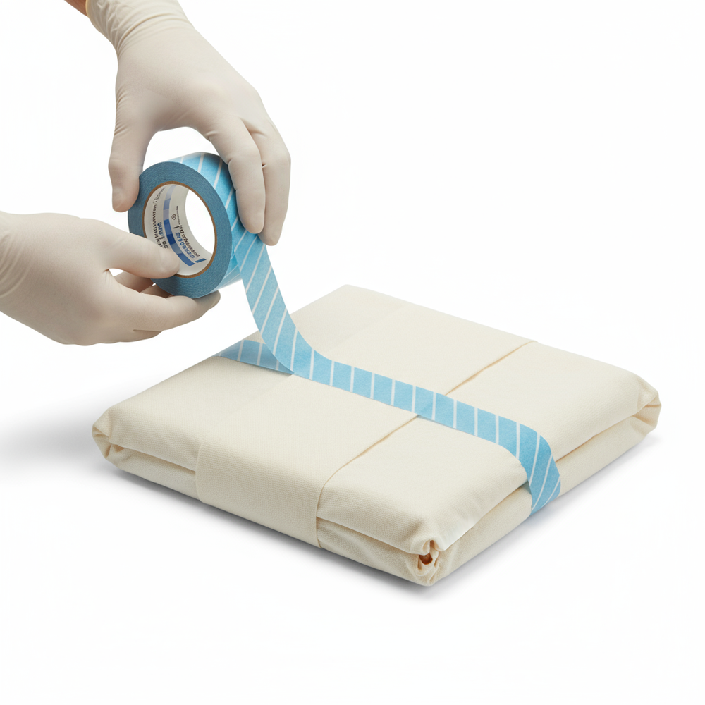 Tape being applied to sterilization package