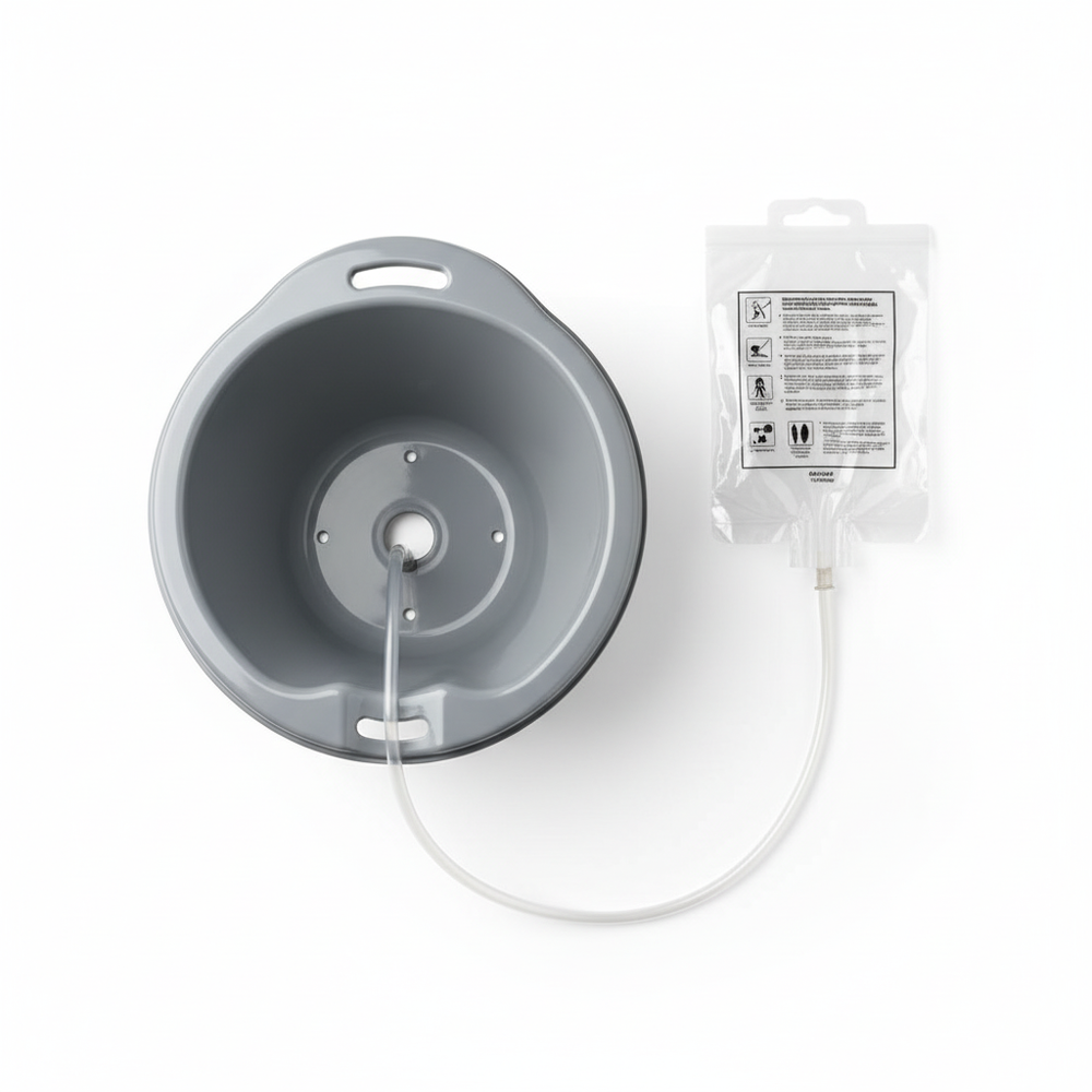 Top-down angle showing basin and solution bag