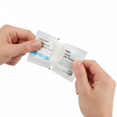 Towelette packet being opened