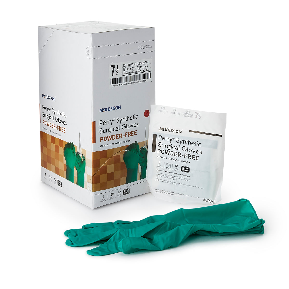 McKesson Perry Performance Plus Neoprene Powder-Free Sterile Surgical Gloves - Latex-Free, Dark Green