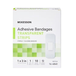 McKesson Sheer Adhesive Bandage Strips - Waterproof, Sterile, Silicone Adhesive, 1 x 3 Inch