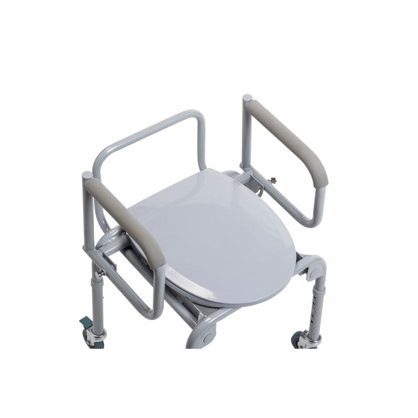 Steel Drop-Arm Commode with Wheels and Padded Armrests