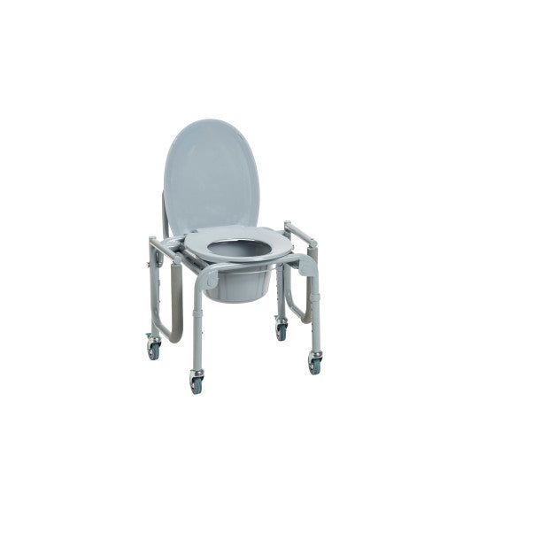 Steel Drop-Arm Commode with Wheels and Padded Armrests