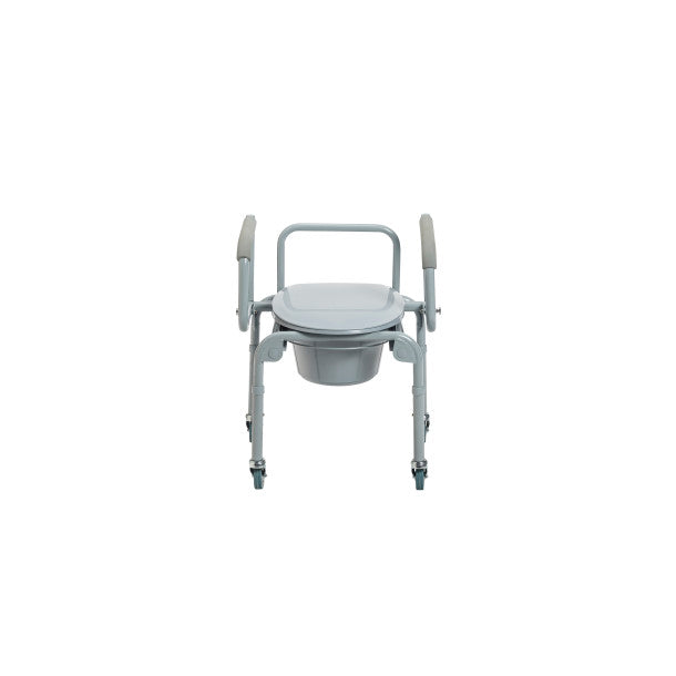 Steel Drop-Arm Commode with Wheels and Padded Armrests