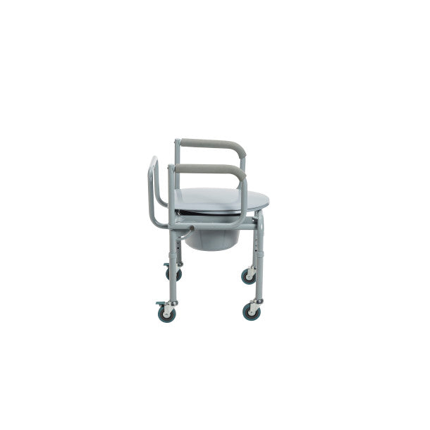 Steel Drop-Arm Commode with Wheels and Padded Armrests