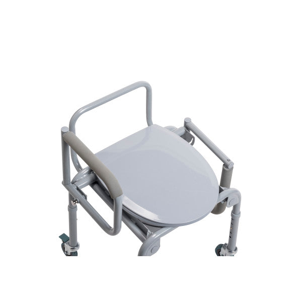 Steel Drop-Arm Commode with Wheels and Padded Armrests