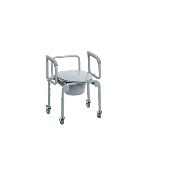 Steel Drop-Arm Commode with Wheels and Padded Armrests