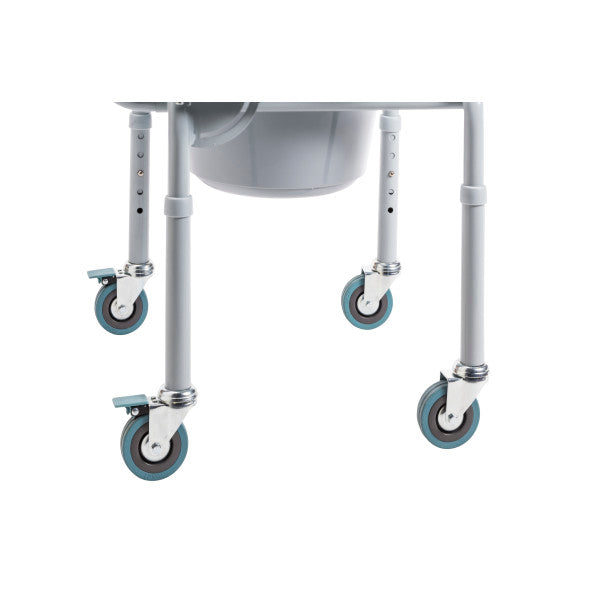 Steel Drop-Arm Commode with Wheels and Padded Armrests