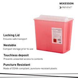 McKesson Prevent Biohazard Sharps Container - 2 Gallon Translucent Horizontal Entry Locking Lid