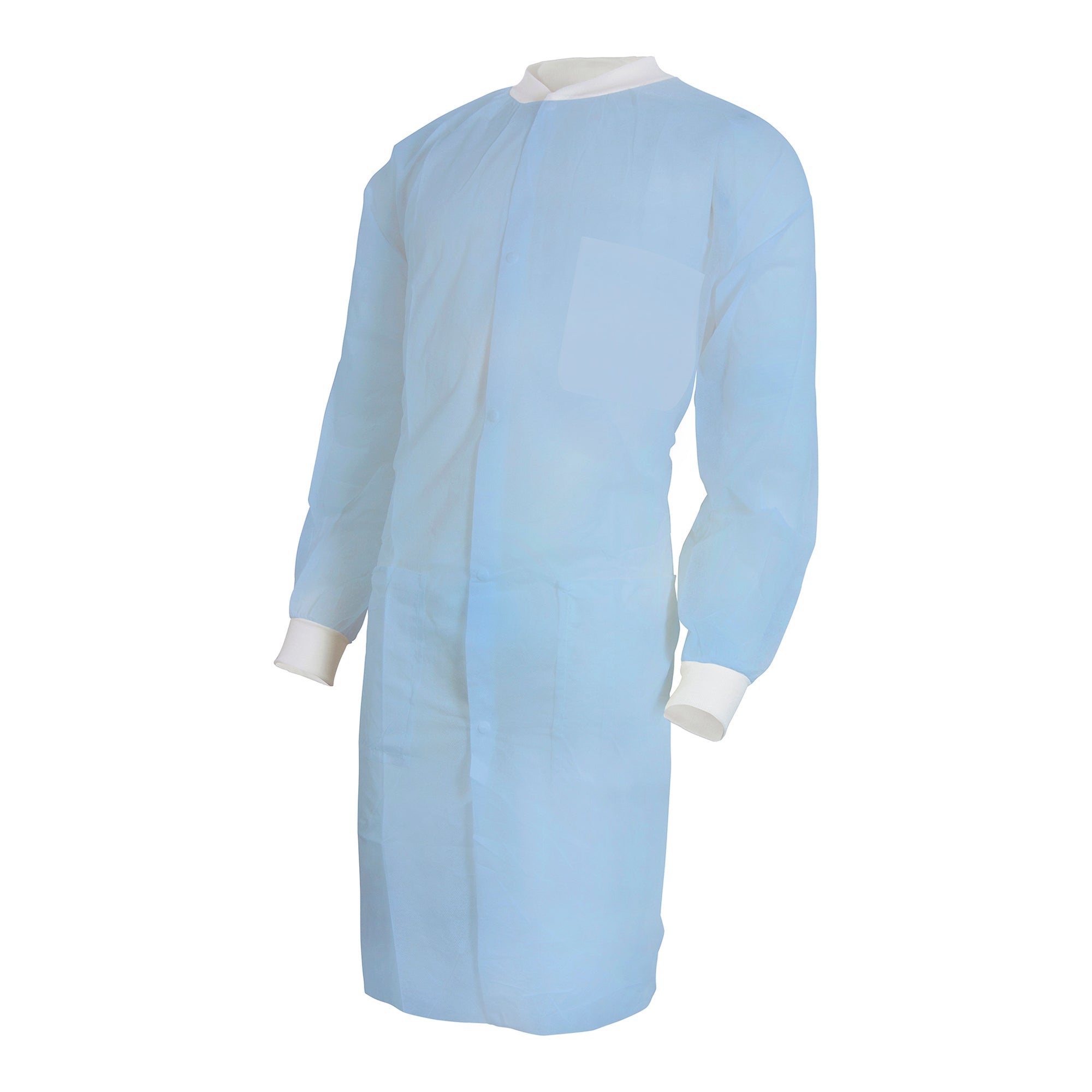 Professional Disposable Lab Coat - Knee Length with Pockets, Knit Cuffs & Collar - White & Blue Available