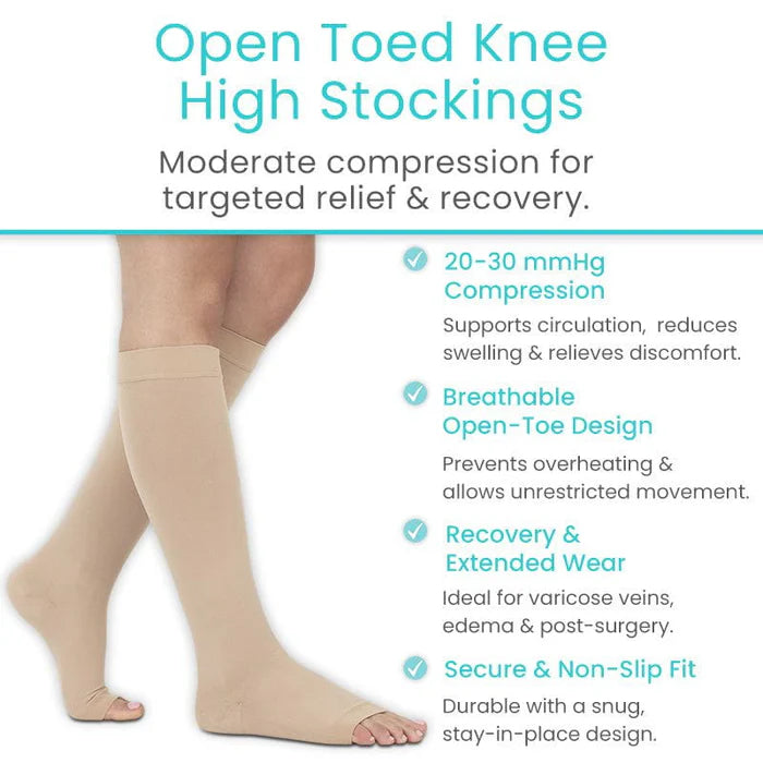 Knee High Open Toe Graduated Compression Stockings 20-30mmHg