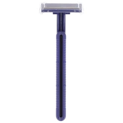 Stainless Steel Disposable Safety Razor - Twin Blade Fixed Head with Ribbed Plastic Handle (Blue)