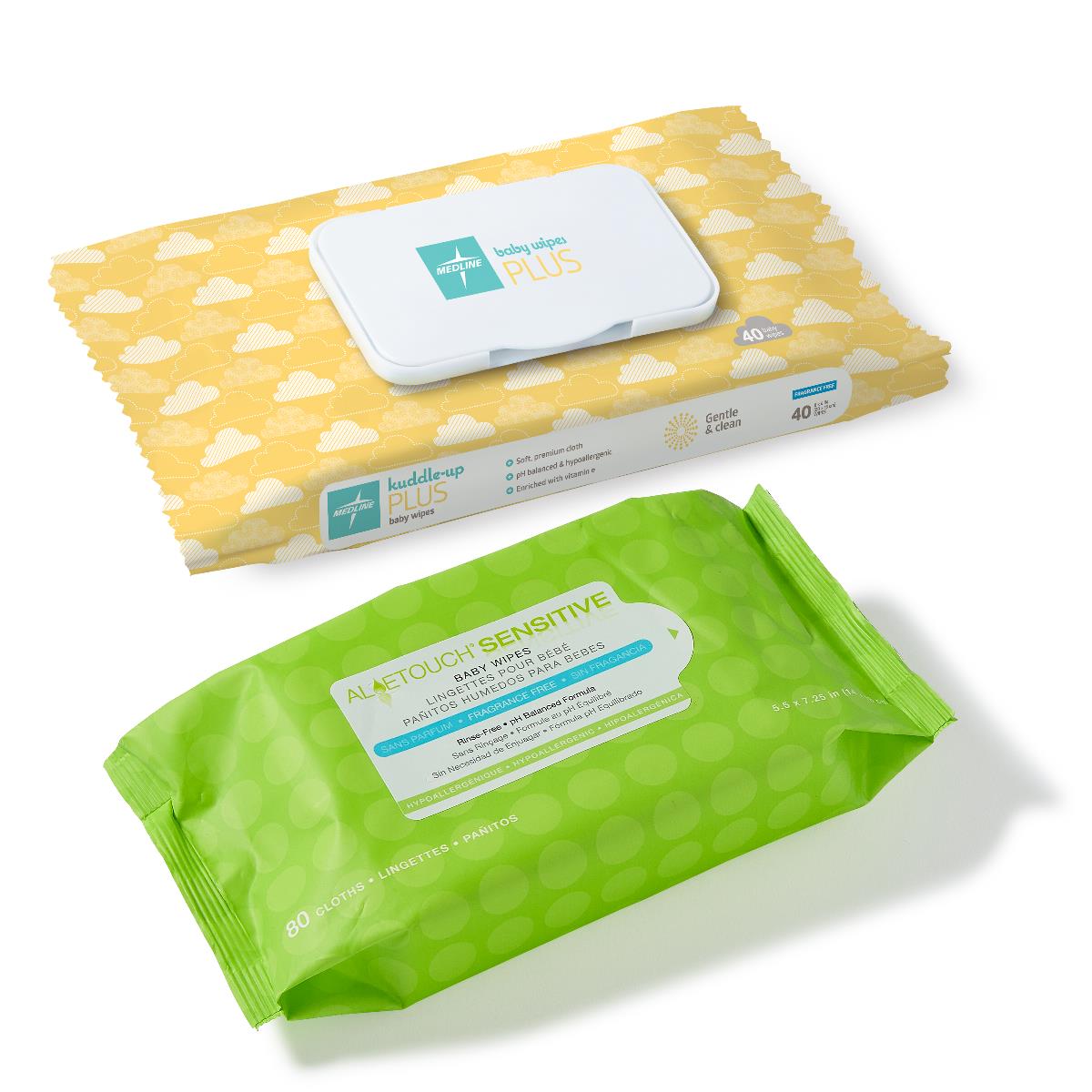 Medline AloeTouch Sensitive Fragrance-Free Baby Wipes - Hypoallergenic, pH Balanced, Super Soft Spunlace