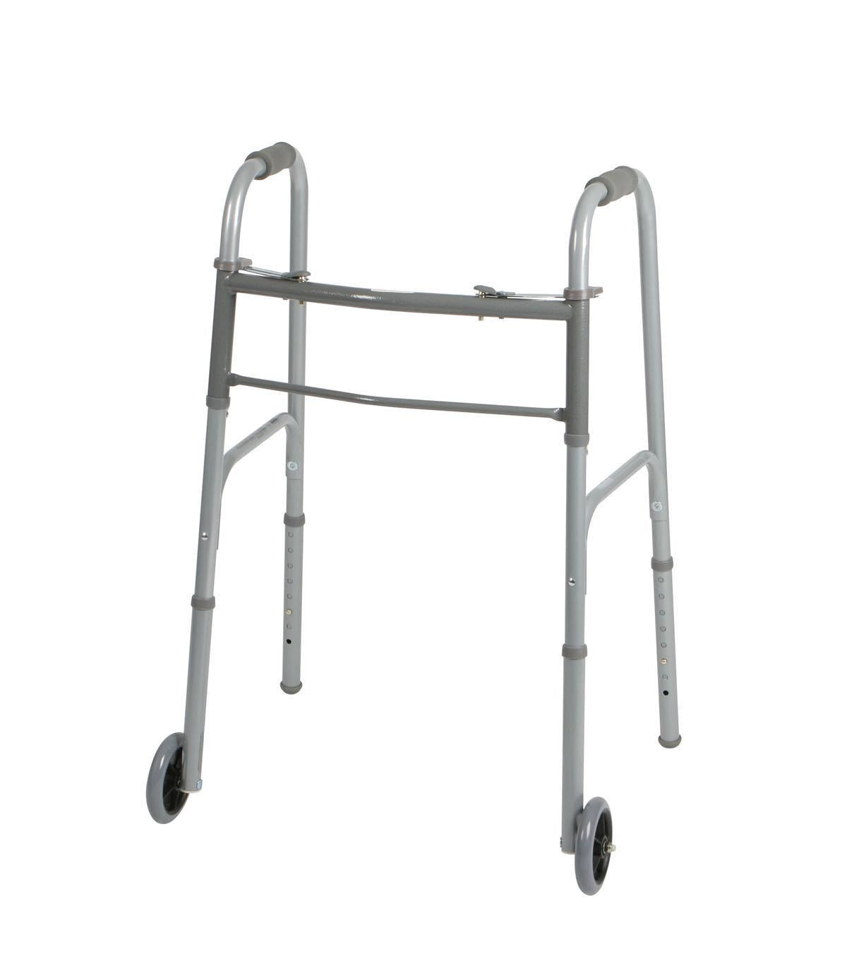 Two-Button Folding Walker with 5 Inch Wheels - Lightweight Mobility Aid with Height Adjustment