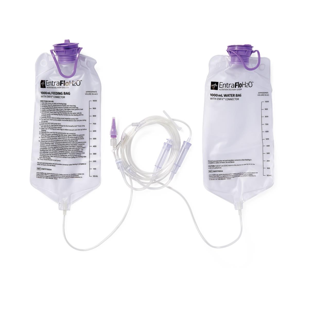 EntraFlo H2O Pump Feeding Spike Set with ENFit Connector - 1000mL Flush Bag - Latex-Free Enteral Feeding System