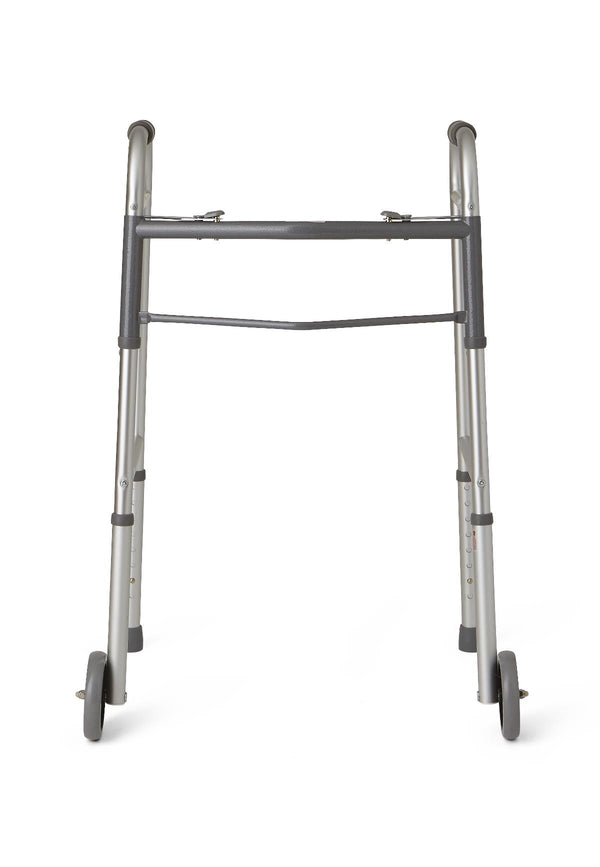 Guardian Two-Button Folding Walker with 5-Inch Wheels - Lightweight Aluminum Adult Mobility Aid