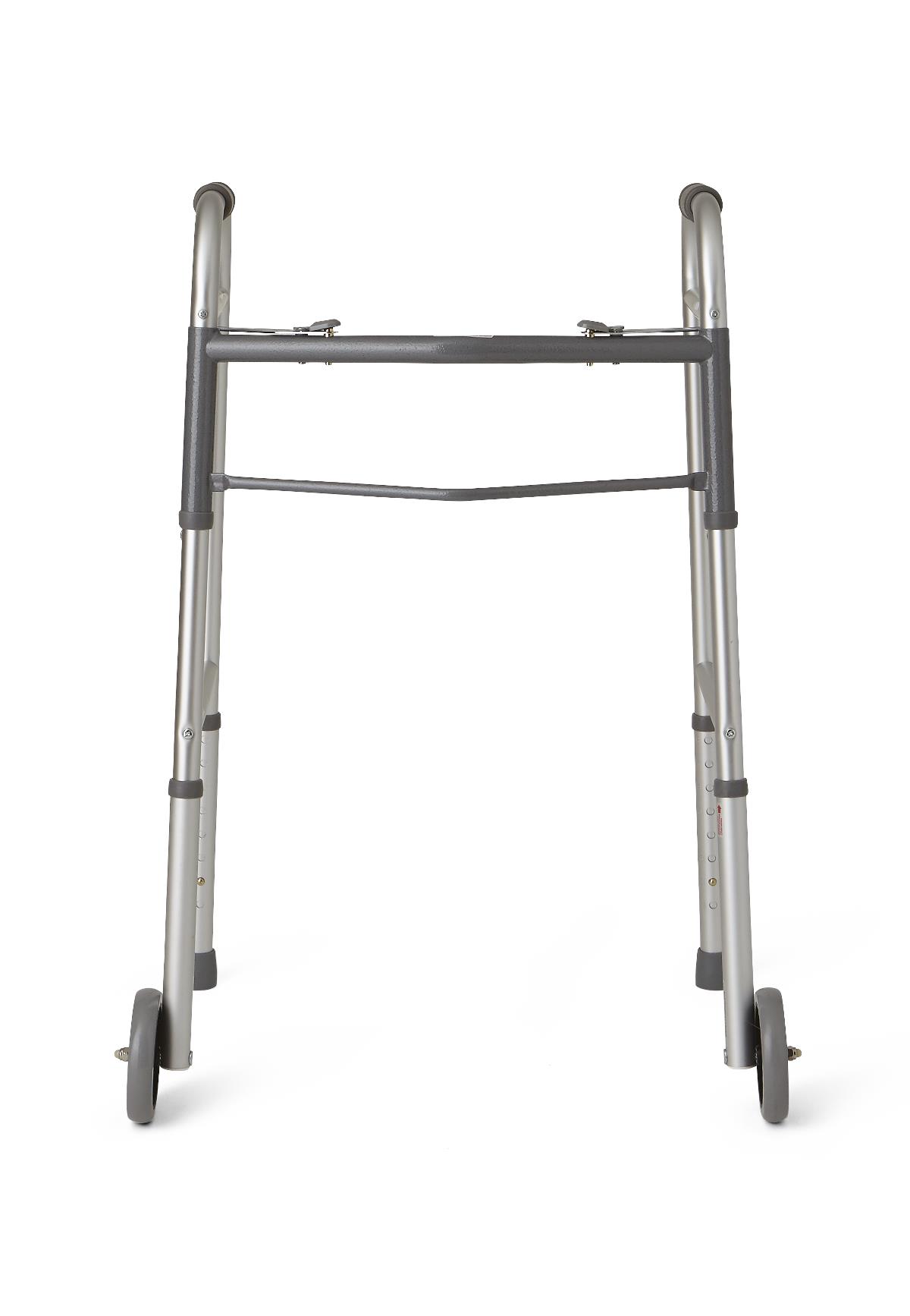 Guardian Two-Button Folding Walker with 5-Inch Wheels - Lightweight Aluminum Adult Mobility Aid