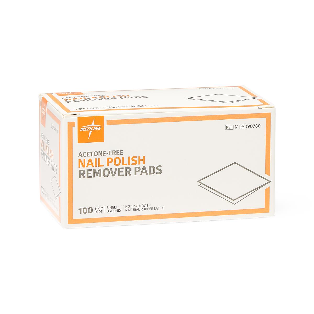 Medline 2-Ply Acetone-Free Nail Polish Remover Pads - Hospital Grade, Individually Wrapped (100 Count)