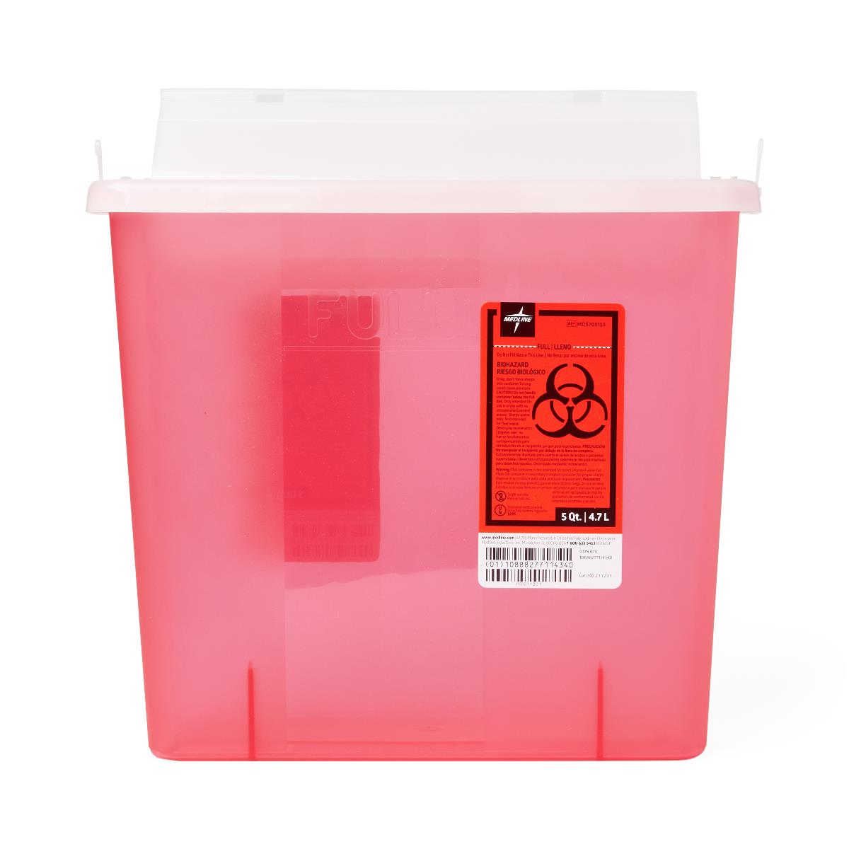 Medline Patient Room Sharps Container with Counter-Balance Lid - 5 Quart to 3 Gallon Medical Waste Disposal