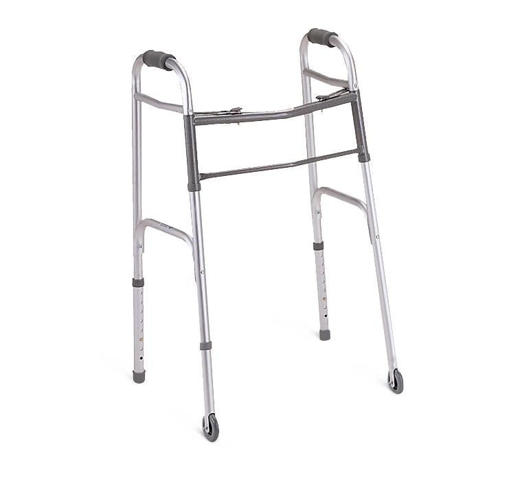 Medline Two-Button Folding Walker with 3 Inch Wheels - Lightweight Mobility Aid with 300 lb Capacity