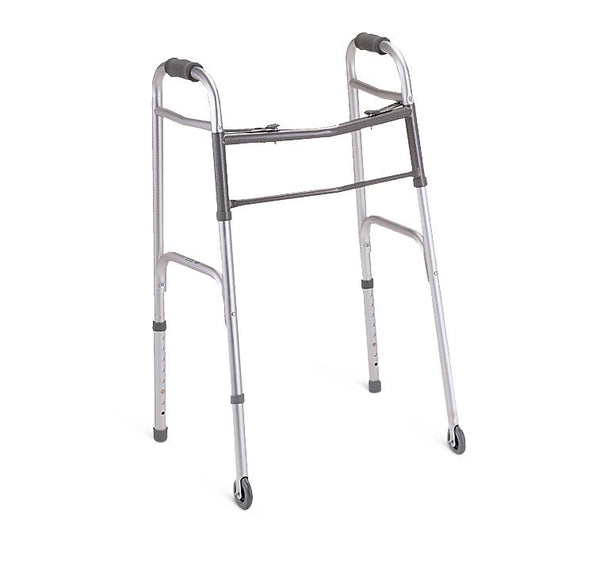 Medline Two-Button Folding Walker with 3 Inch Wheels - Lightweight Mobility Aid with 300 lb Capacity