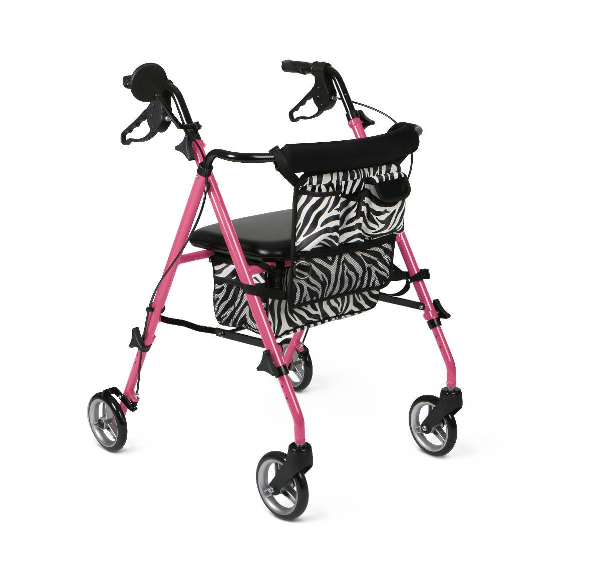 Medline Posh Pink Zebra Rollator Walker - Lightweight Aluminum 4-Wheel Rolling Walker with Seat, Storage Bags & Cosmetic Mirror
