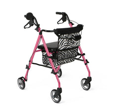 Medline Posh Pink Zebra Rollator Walker - Lightweight Aluminum 4-Wheel Rolling Walker with Seat, Storage Bags & Cosmetic Mirror