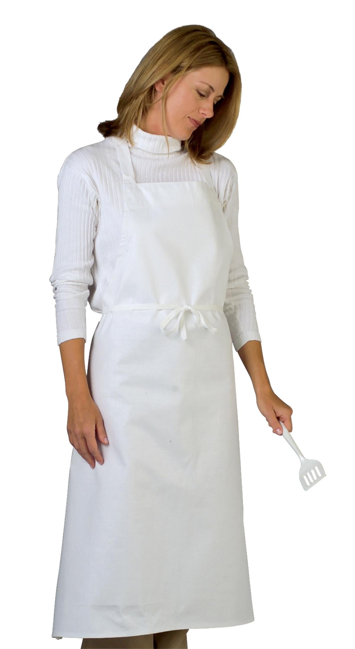 Professional Long Length Bib Apron - 100% Cotton Duck - White - One Size Fits Most