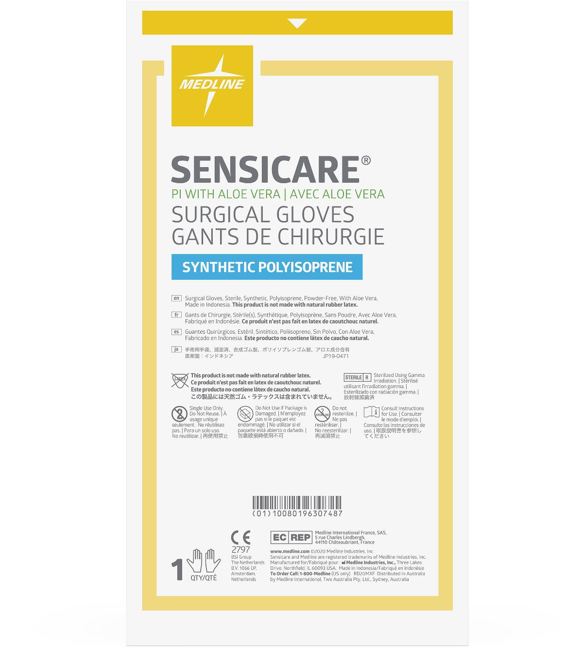 SensiCare PI Surgical Gloves with Aloe - Polyisoprene, Sterile, Chemo Tested, 11.6 Inch