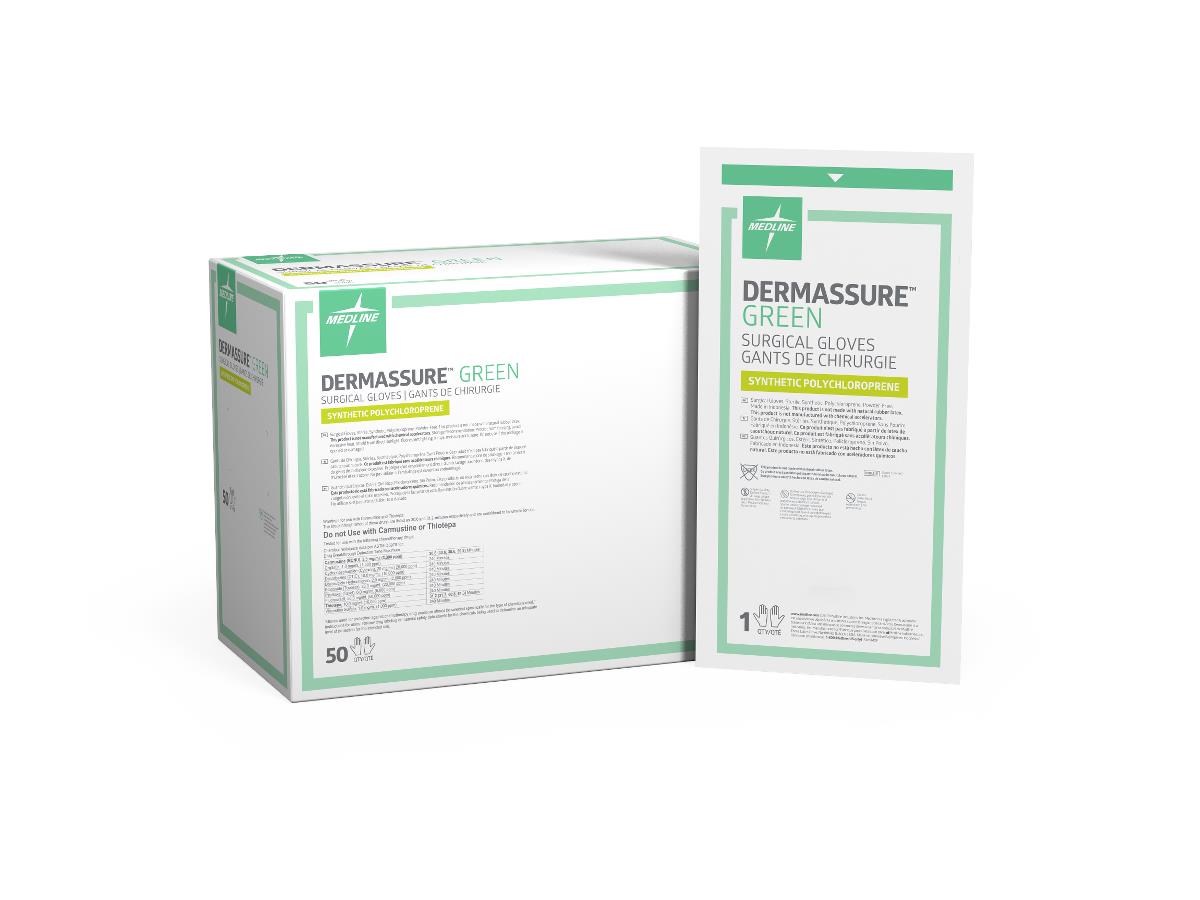 DermAssure Green Surgical Gloves - Polychloroprene Latex-Free with Anti-Roll Cuff Technology
