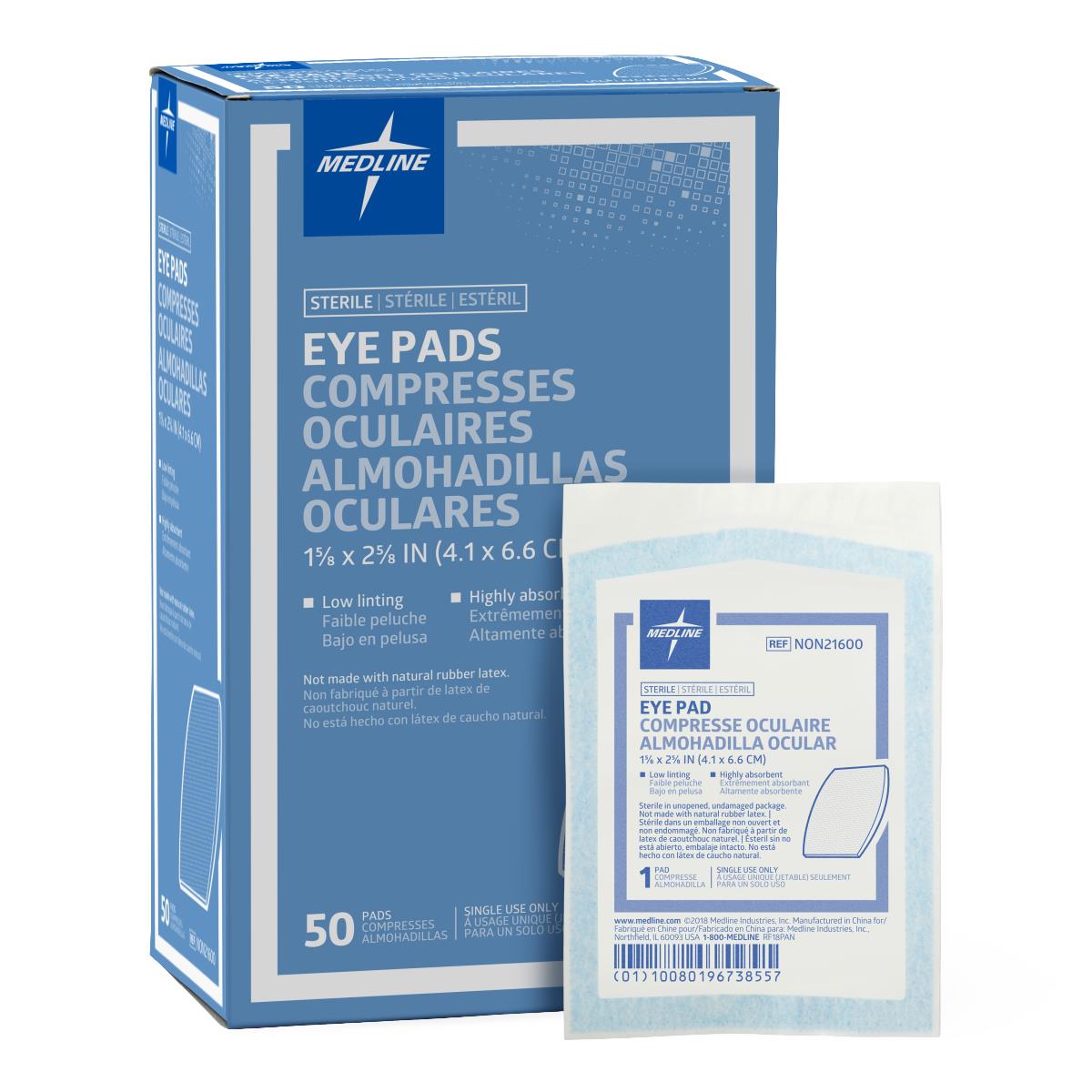 Medline Sterile Eye Pads - Oval Shape, Absorbent Cotton Fill, Individually Wrapped (NON21600)