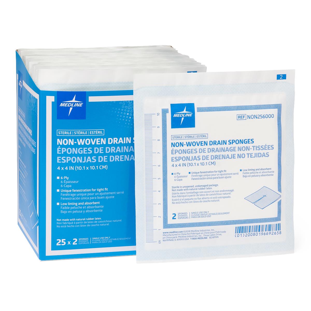 Medline Sterile Nonwoven Gauze Drain Sponges - 6-Ply Fenestrated Wound Care