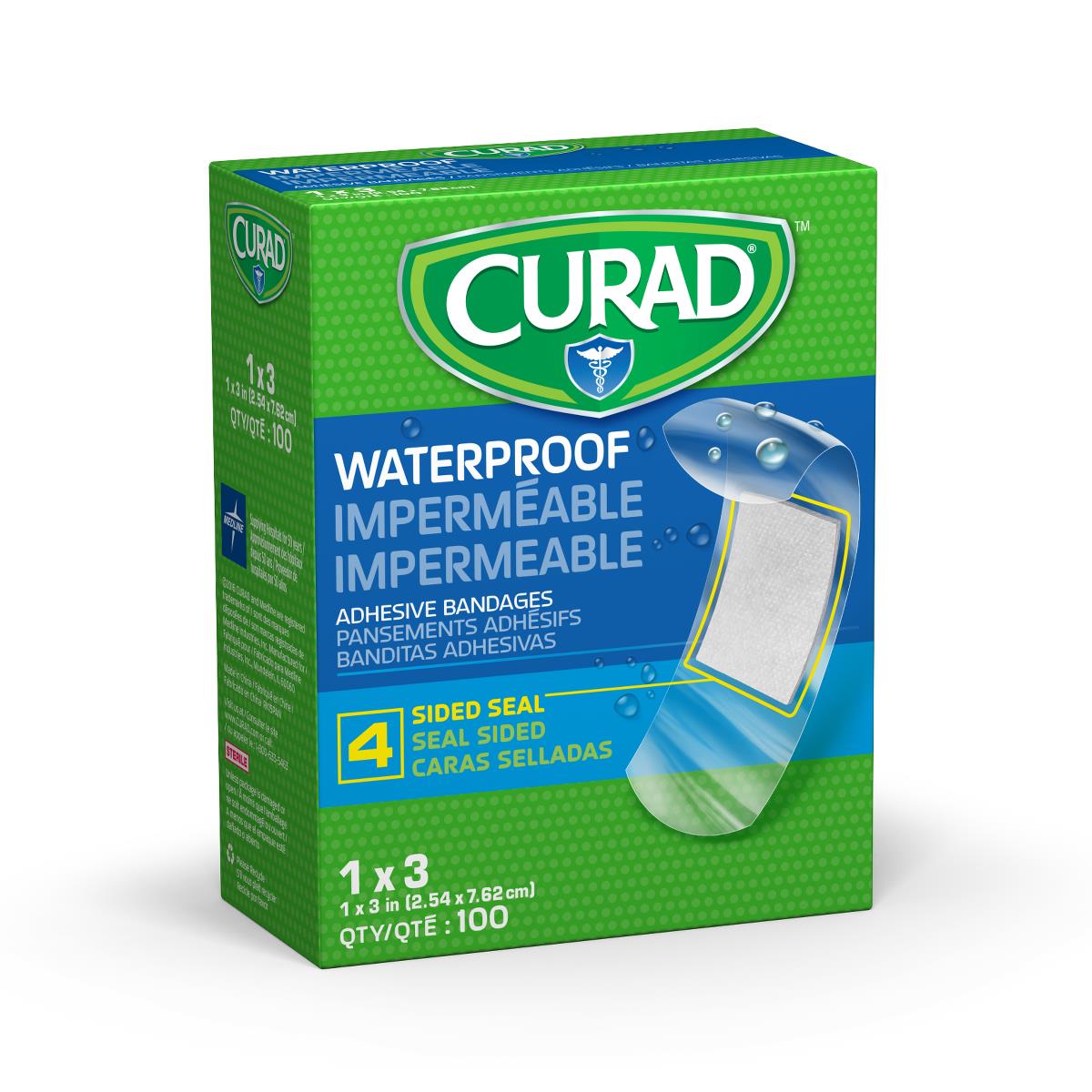 Curad Waterproof Bandages - Sterile Adhesive Bandages 1x3 Inch, Latex-Free with 4-Sided Seal Protection