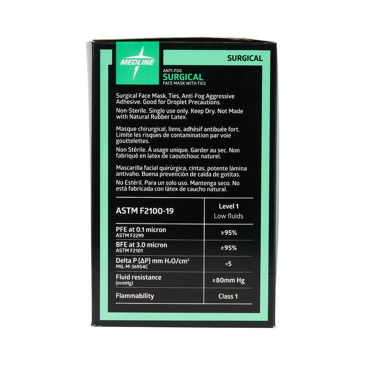 Medline ASTM Level 1 Surgical Face Mask with Foam Anti-Fog Strip and Ties - Blue, 3-Ply Pleated Disposable Medical Masks