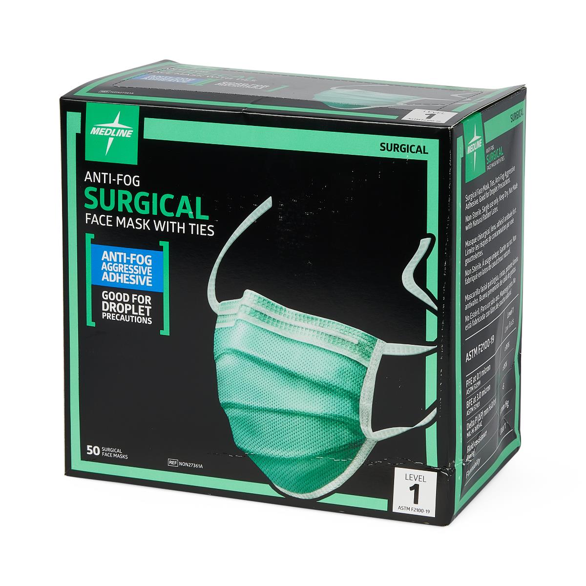 Medline ASTM Level 1 Surgical Face Mask with Foam Anti-Fog Strip and Ties - Blue, 3-Ply Pleated Disposable Medical Masks