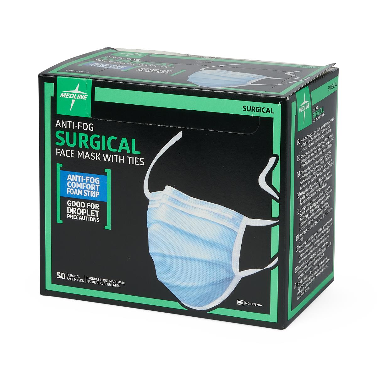 Medline ASTM Level 1 Surgical Face Mask with Foam Anti-Fog Strip and Ties - Blue, 3-Ply Pleated Disposable Medical Masks