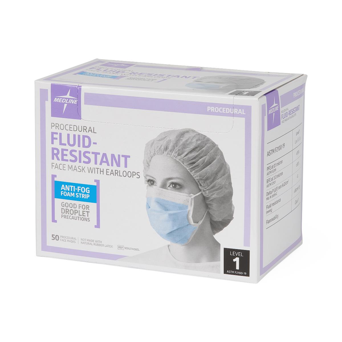 ASTM Level 1 Procedure Face Mask with Anti-Fog Strip and Ear Loops - 3-Ply Disposable Medical Masks, Blue