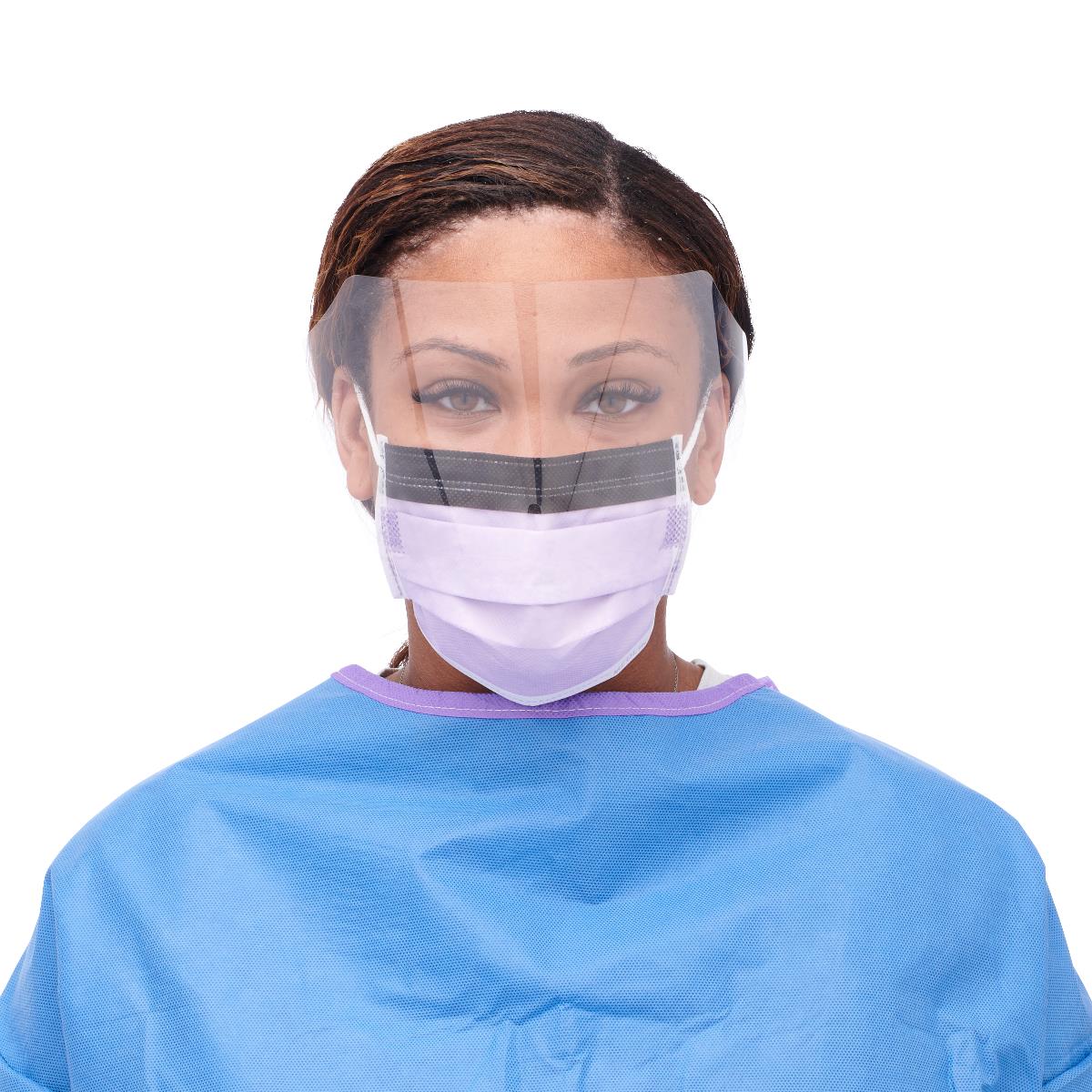 Medline ASTM Level 3 Procedure Mask with Eye Shield - Purple, Anti-Fog Protection