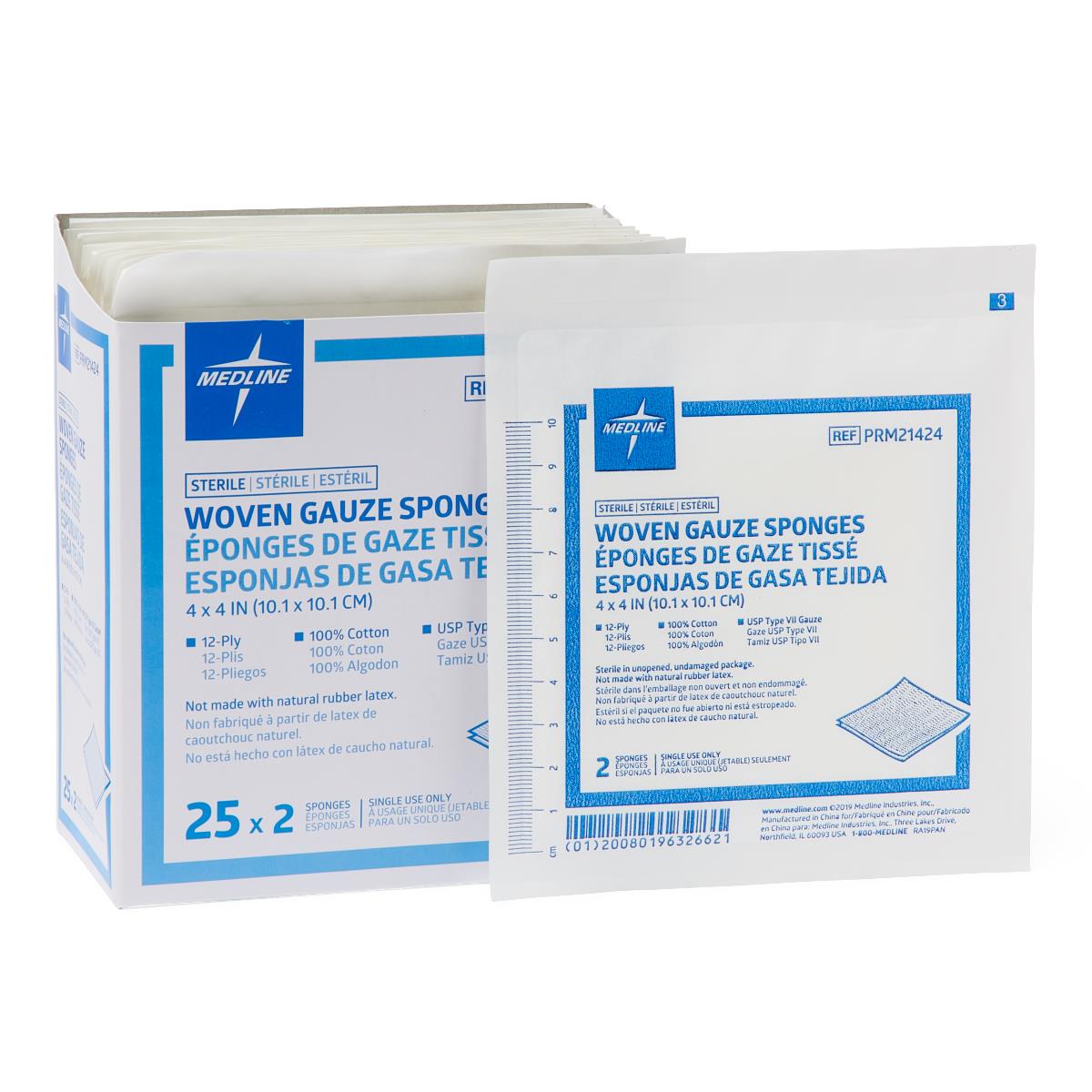 Medline Woven Sterile USP Type VII Gauze Sponges - Premium Cotton Wound Dressing (Multiple Sizes & Ply Options)