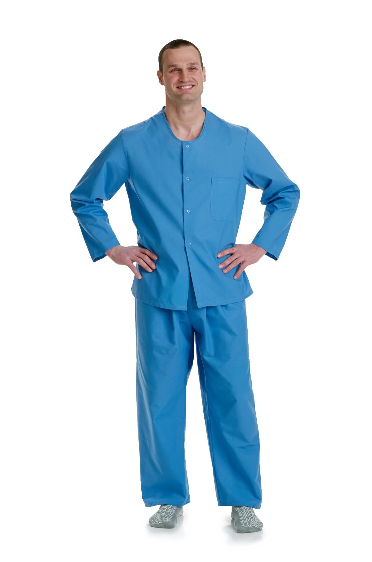 Pajama Shirt with Snap Closure - Solid Blue, Long Sleeve Medical Patient Gown