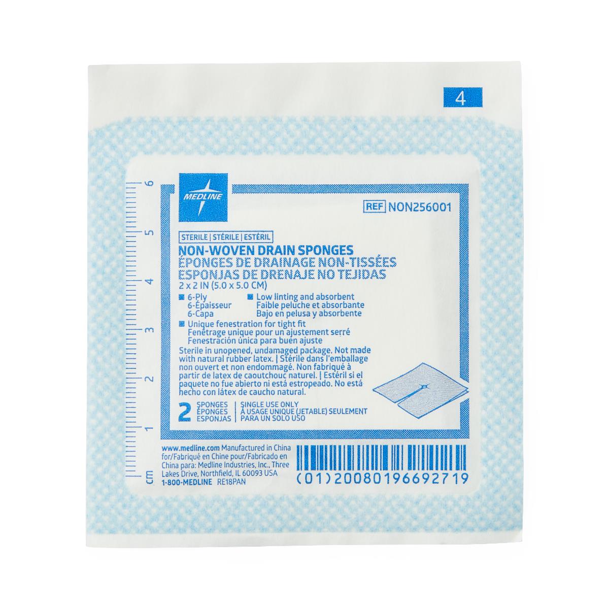 Medline Sterile Nonwoven Gauze Drain Sponges - 6-Ply Fenestrated Wound Care