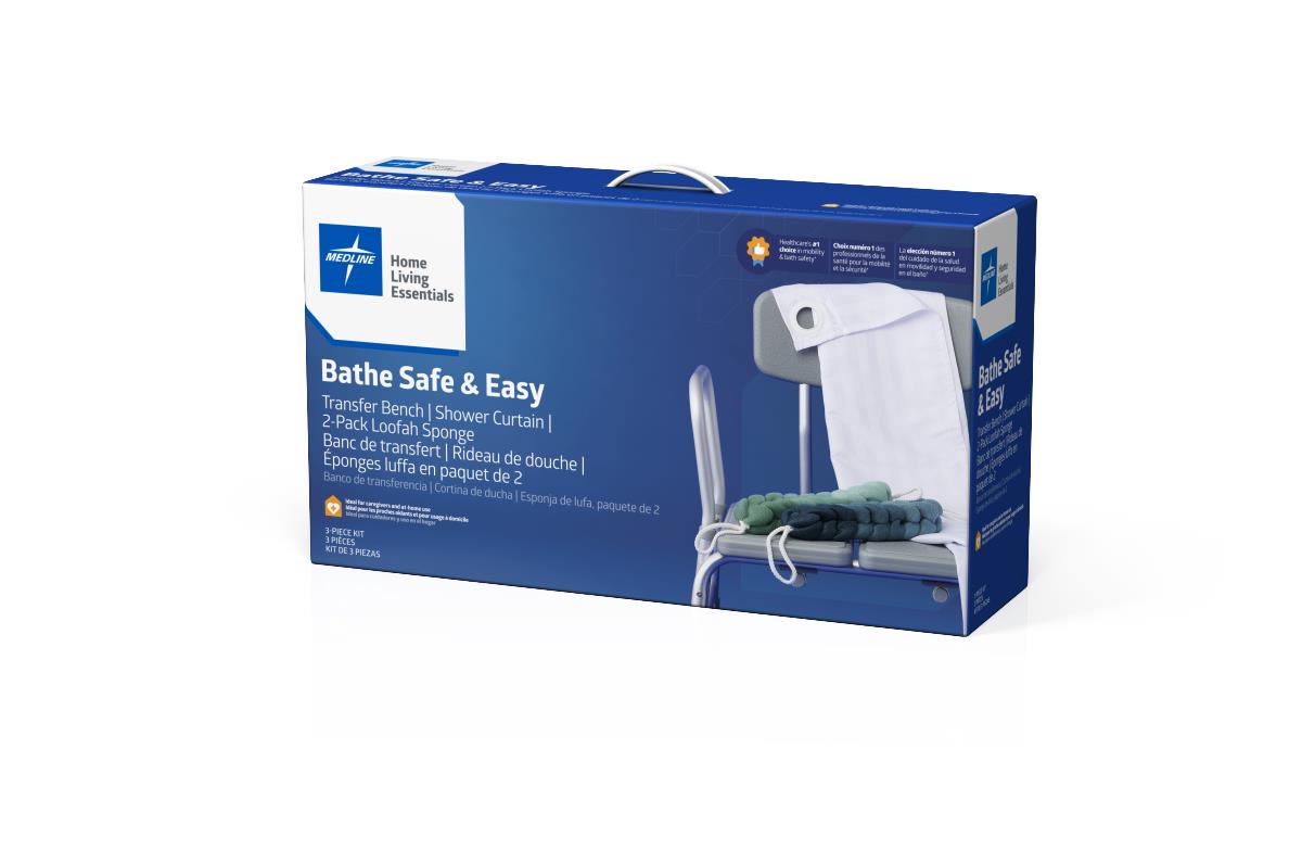 Medline Bathe Safe and Easy Kit for Caregivers - Transfer Bench, Shower Curtain & Loofahs