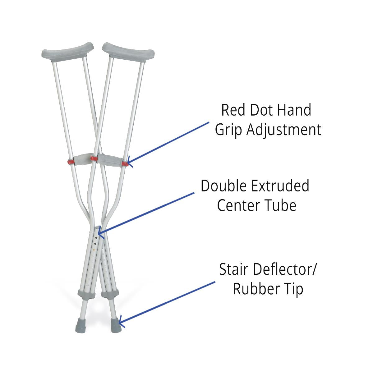Guardian Red Dot Push-Button Auxiliary Crutches - Adjustable Aluminum Walking Aid for Youth to Tall Adults