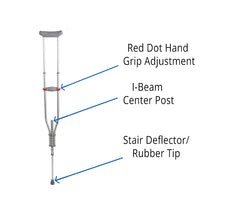 Quick-Fit Aluminum Crutches with Red Dot Hand Grip - Adjustable Height 4'7" to 6'7" - 300 lbs Capacity