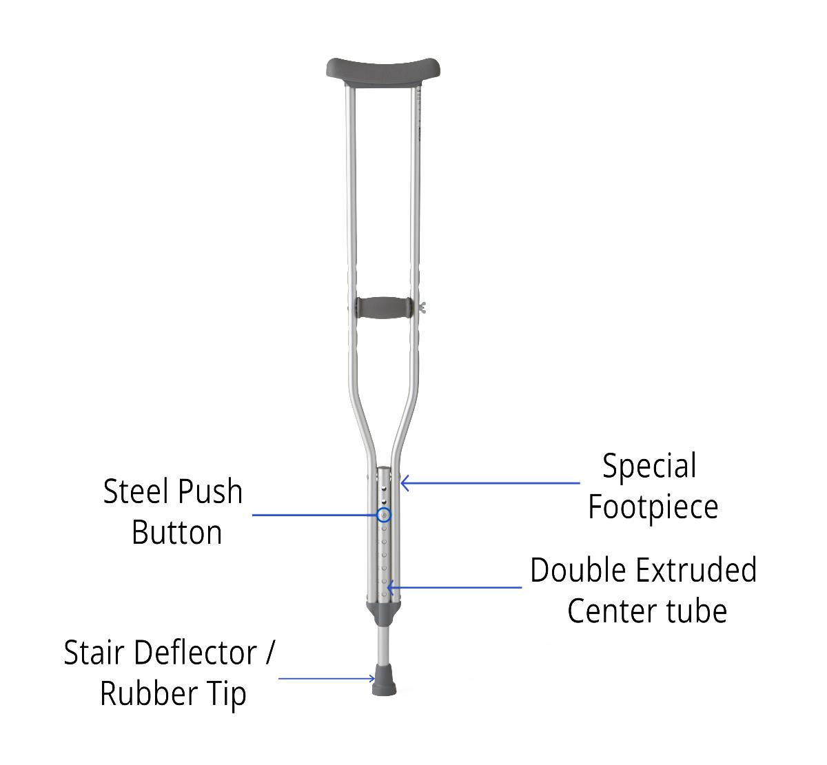 Standard Steel Push-Button Crutch - Adjustable Height Support for Adults & Youth