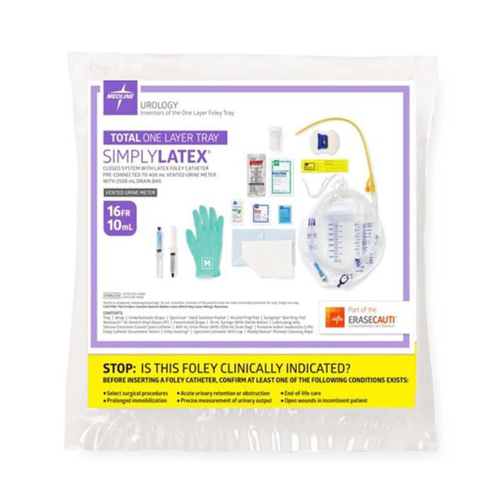 Medline One-Layer Catheterization Tray with 2000mL Drain Bag & 14 Fr Silicone-Coated Foley Catheter