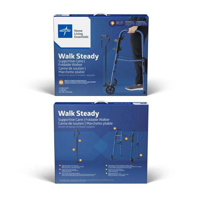 Walk Steady Mobility Kit - Foldable Walker & Hybrid Cane Set for Caregivers