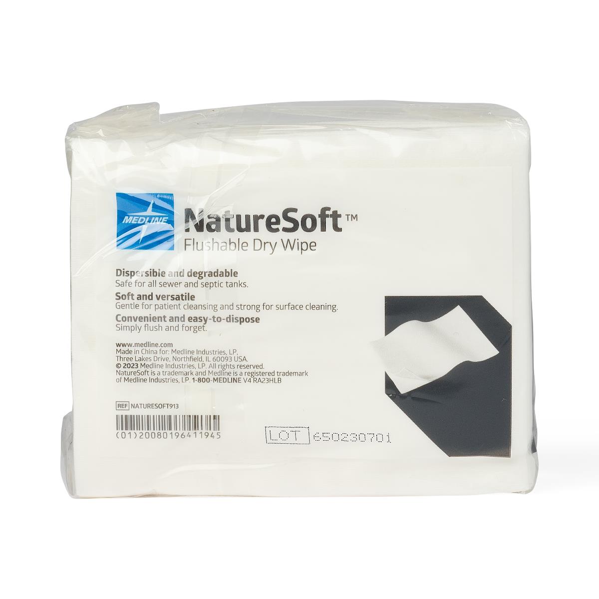 Medline NatureSoft Flushable Dry Cleansing Wipes 9"x13" - Biodegradable Unscented Personal Care